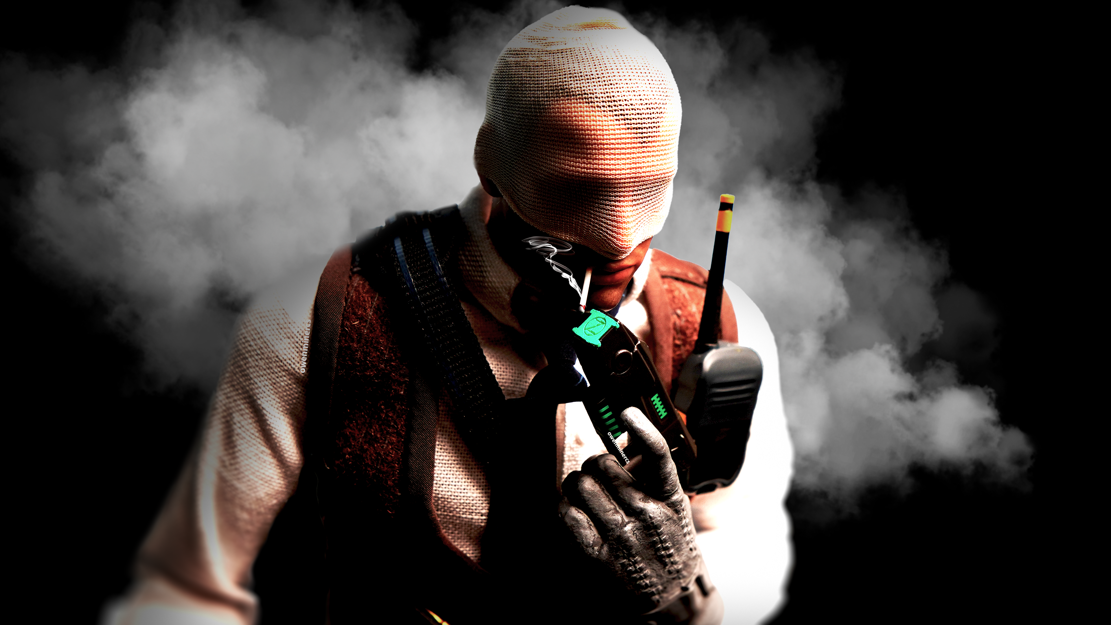 Agent number K figurine using a zues traser to light cigarette with large smoke background